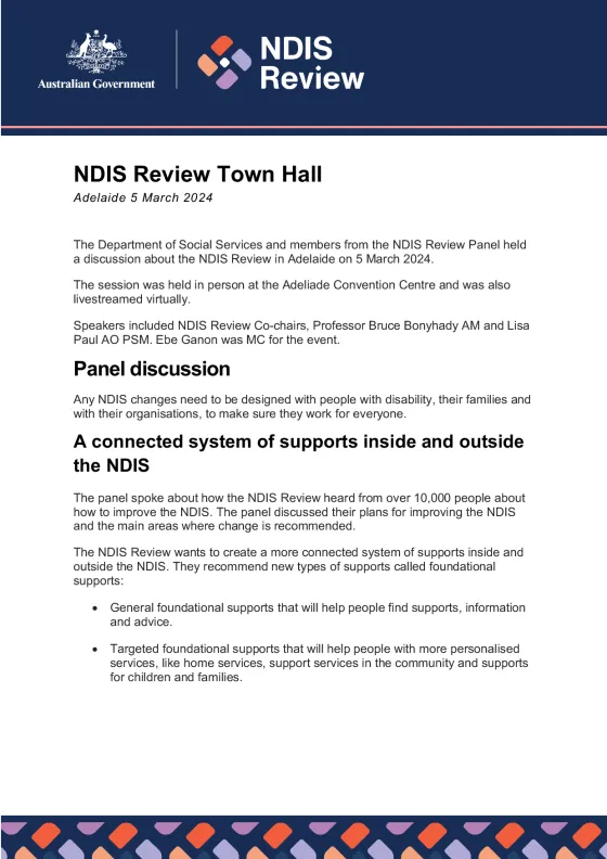 NDIS Review Town Hall – 5 March 2024 (Adelaide) cover page