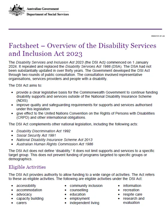 Overview of the Disability Services and Inclusion Act 2023 Cover page
