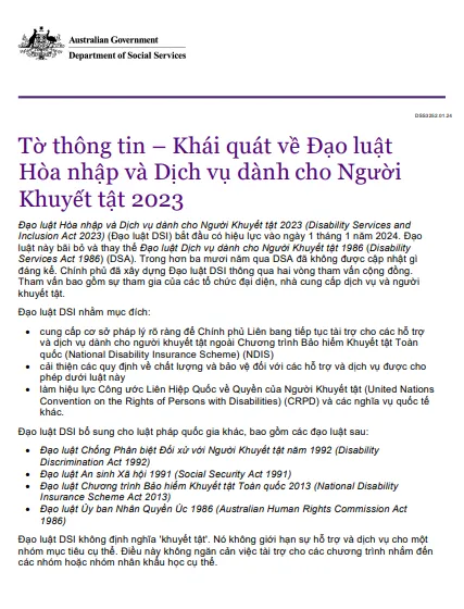 Vietnamese cover page for the Overview of the disability services and Inclusion Act 2023