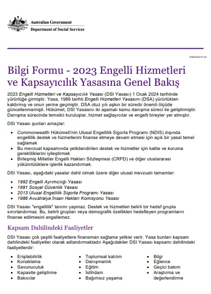 Turkish cover page for the Overview of the disability services and Inclusion Act 2023