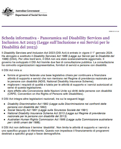 Spanish cover page for the Overview of the disability services and Inclusion Act 2023