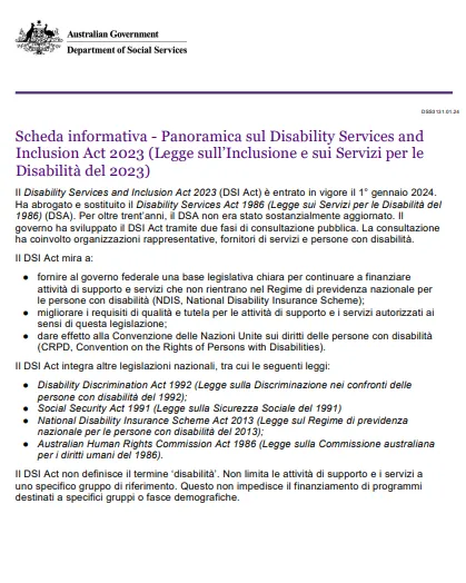 Italian cover page for the Overview of the disability services and Inclusion Act 2023