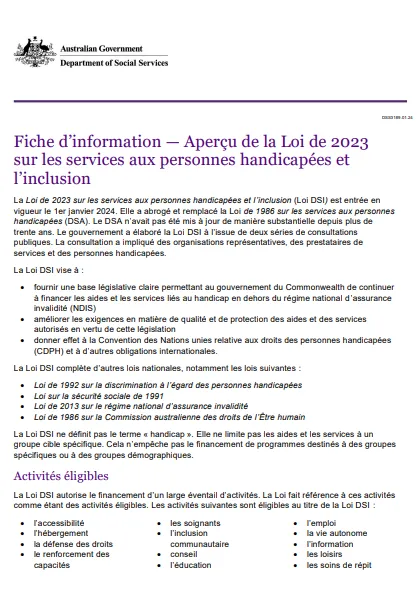 French cover page for the Overview of the disability services and Inclusion Act 2023