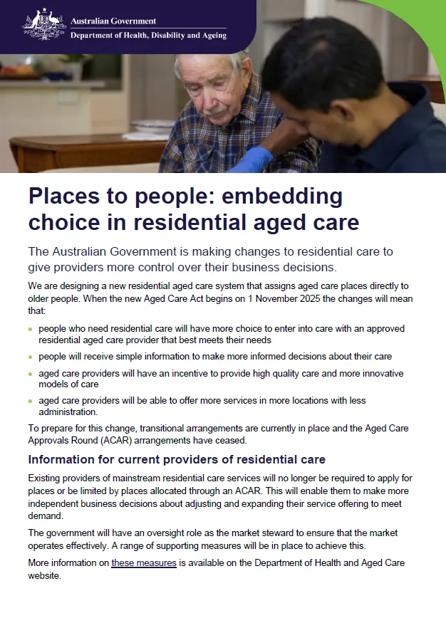 Places to people – Embedding choice in residential aged care – for providers cover page