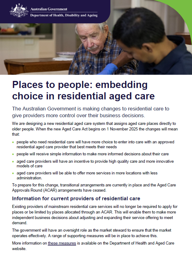 Places to people – Embedding choice in residential aged care – for providers cover page