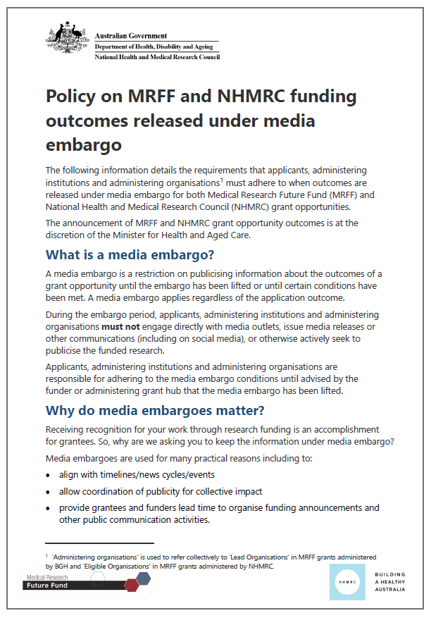 Policy on MRFF and NHMRC funding outcomes released under media embargo cover page