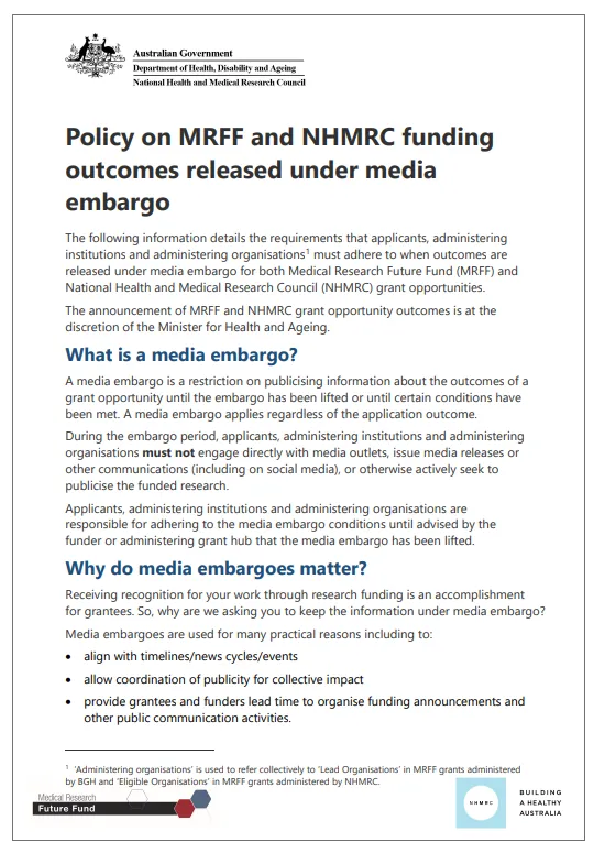 Policy on MRFF and NHMRC funding outcomes released under media embargo cover page
