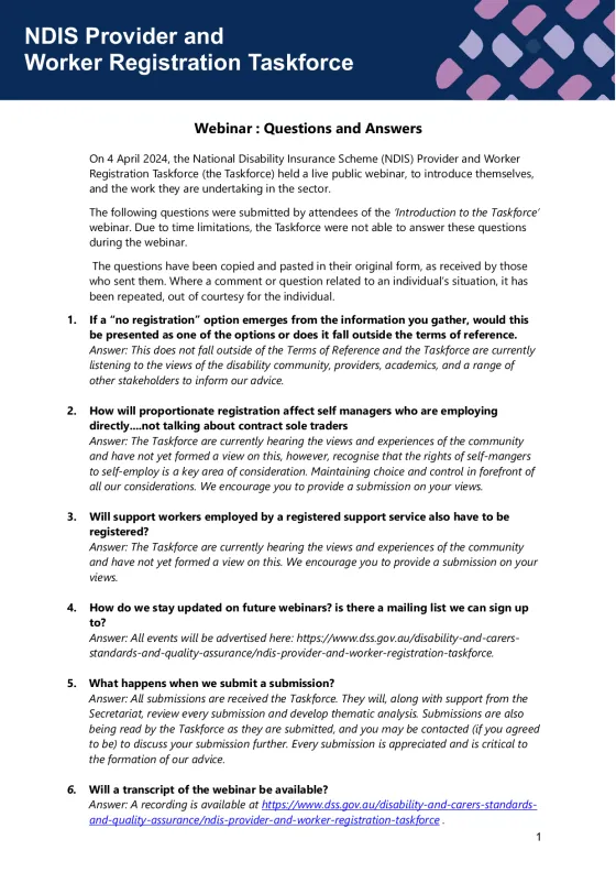 NDIS Provider and Worker Registration Taskforce Webinar Q&A cover page