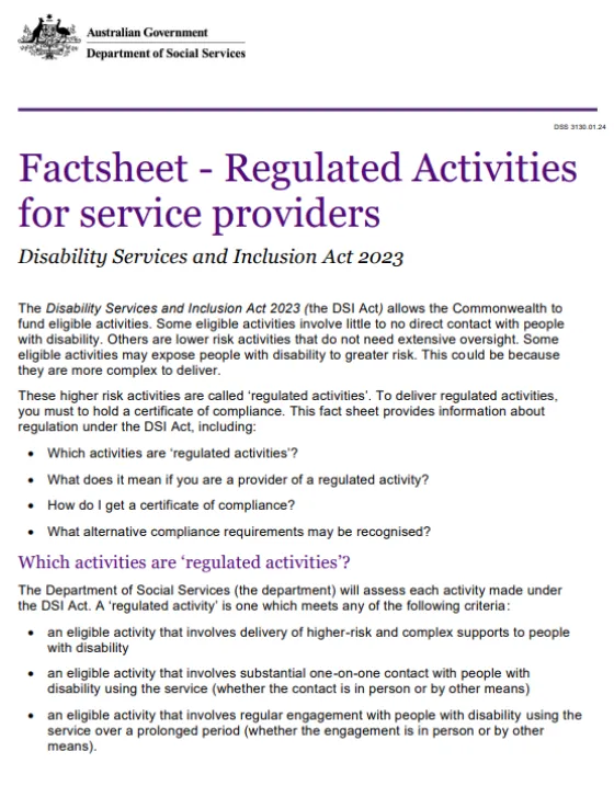 Regulated Activities for service providers fact sheet cover page