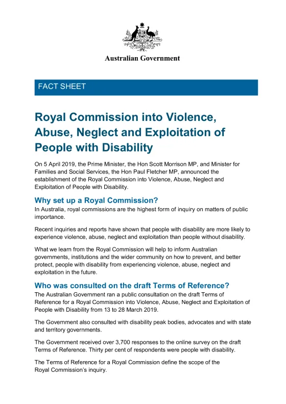 Royal Commission into Violence, Abuse, Neglect and Exploitation of People with Disability fact sheet cover page