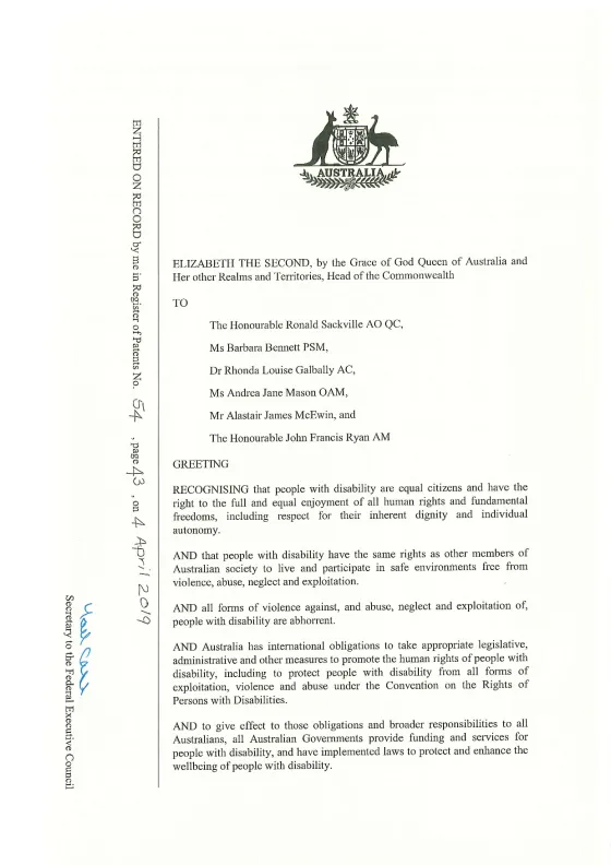 Royal Commission into Violence, Abuse, Neglect and Exploitation of People with Disability Letters Patent – Terms of Reference cover page