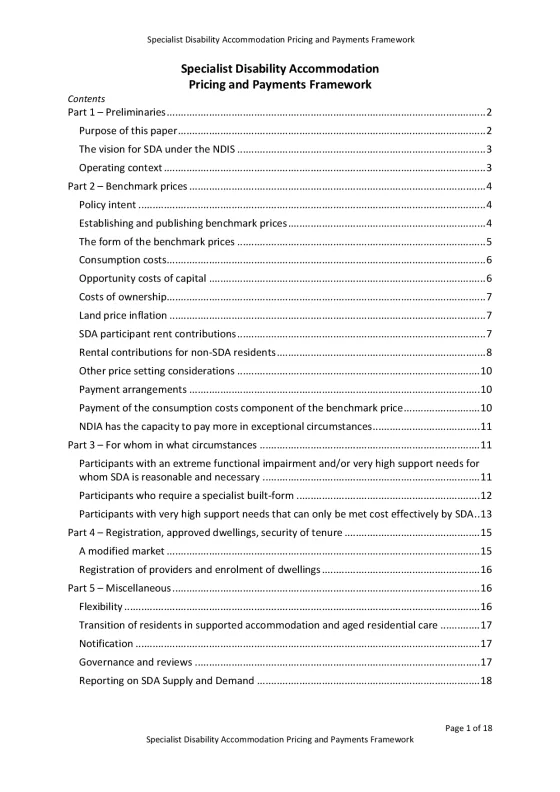 Specialist Disability Accommodation Pricing and Payments Framework