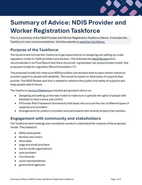 Summary of Advice – NDIS Provider and Worker Registration Taskforce COVER PAGE