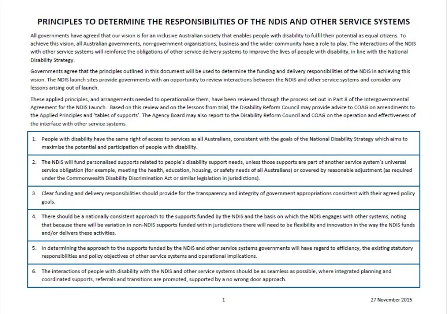 The Applied Principles and Tables of Support to Determine the Responsibilities of the NDIS and other Service Systems cover page