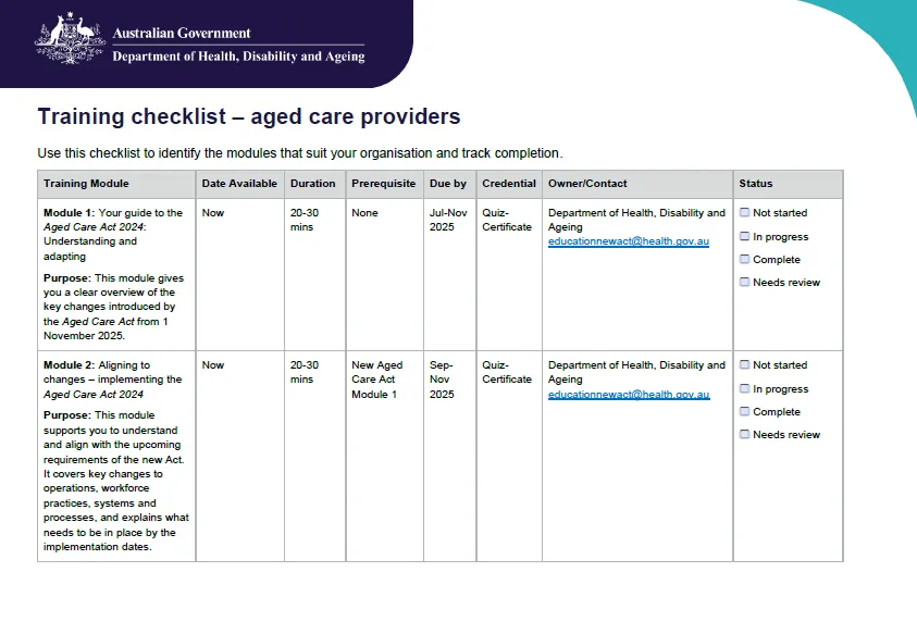 Cover page for the aged care providers training check list