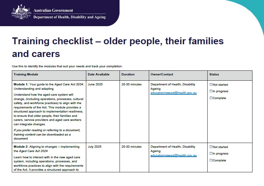 Cover page for the older people, their families and carers training checklist