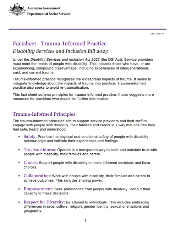 Trauma informed service provision fact sheet cover page
