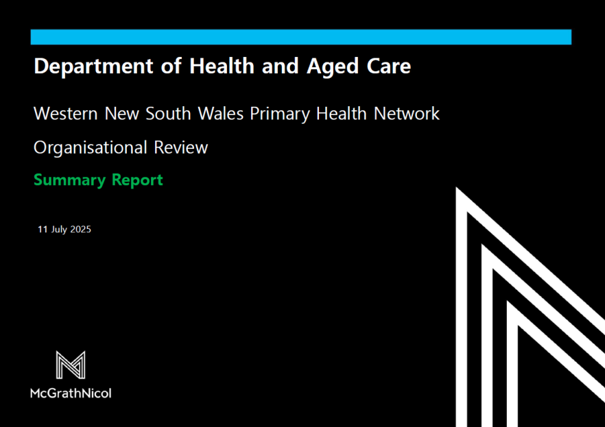 Cover page for the Western New South Wales Primary Health Network (WNSWPHN) Organisation review – Summary report