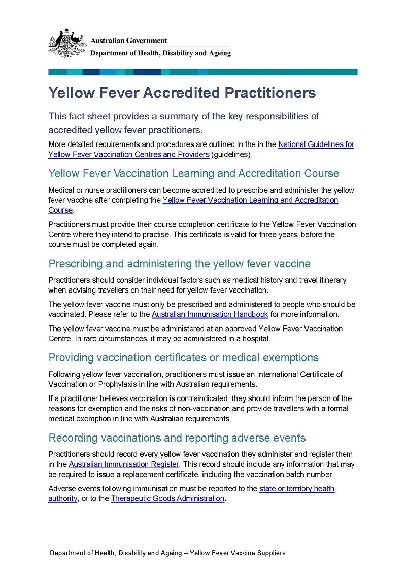 Yellow fever accredited practitioners fact sheet cover page