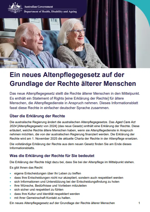German cover page for the New Aged Care Act