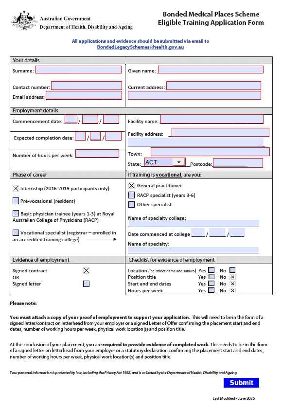 Cover page for the Bonded Medical Places Scheme – eligible training application form