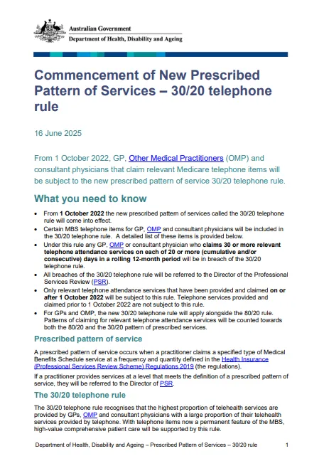 Cover page for the Commencement of new prescribed pattern of services – 30-20 telephone rule