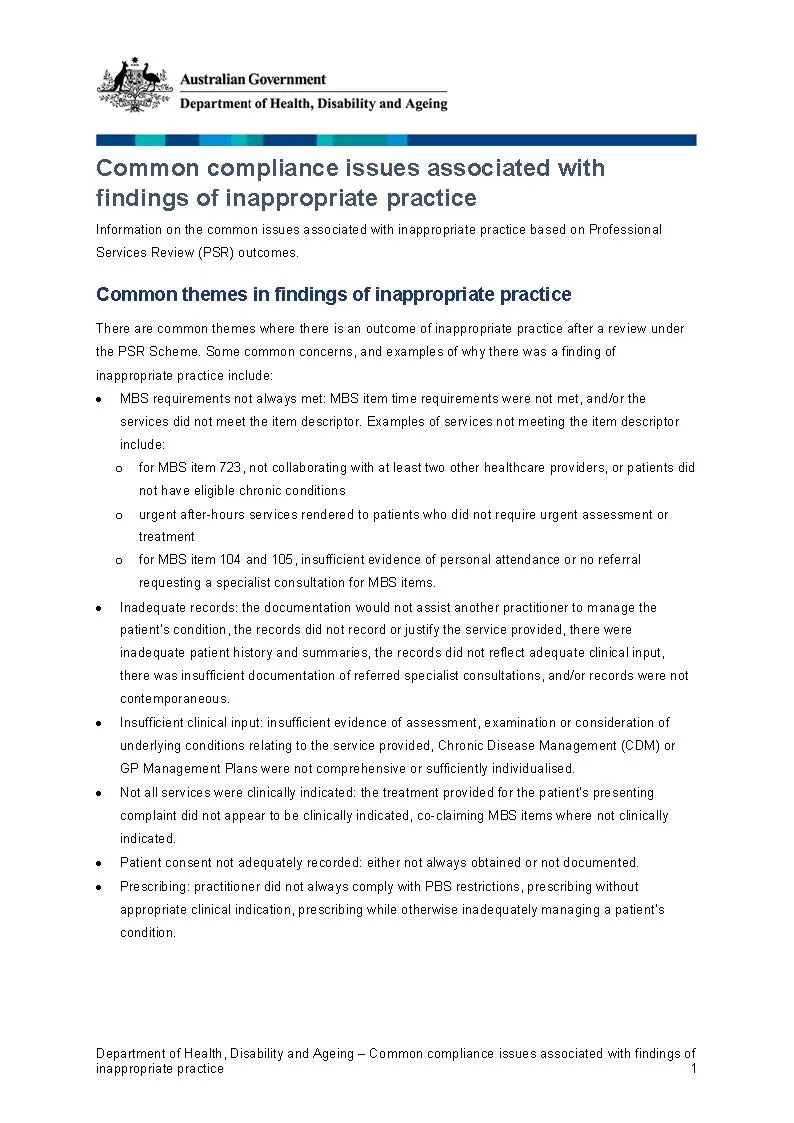 Common compliance issues associated with findings of inappropriate practice