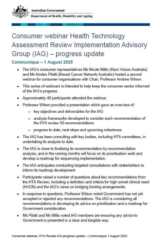Cover page for the Health Technology Assessment Review Implementation Advisory Group consumer webinar update