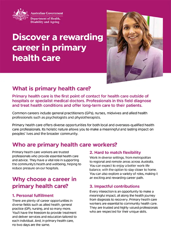 This fact sheet contains information about what primary health care is, the workforce and choosing a career in primary health care.