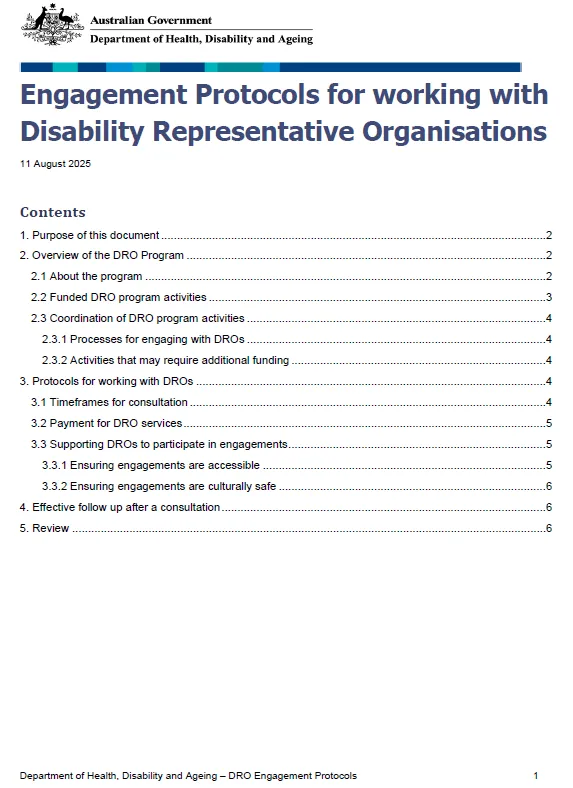 Cover page for the Engagement Protocols for working with Disability Representative Organisations