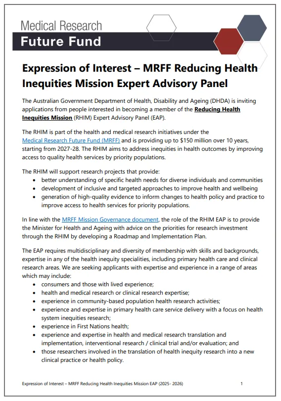 Cover page for the MRFF Expression of interest