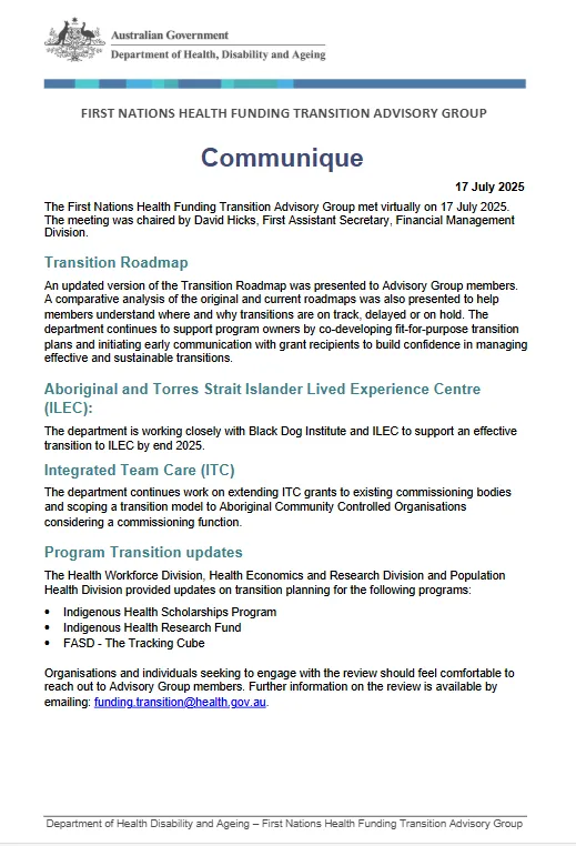 Cover page for the FNHFTAG communique 17 July 2025