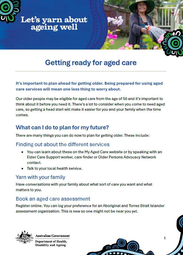 Cover page for Getting ready for aged care fact sheet