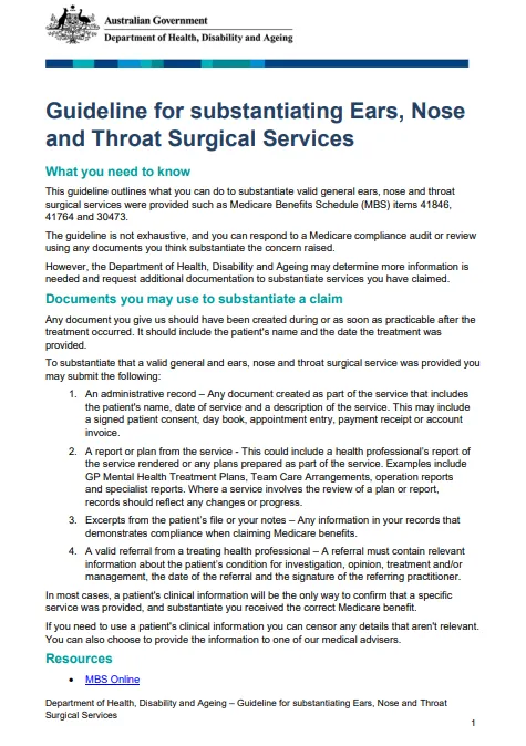Cover page for the Guideline for substantiating Ears, Nose and Throat Surgical Services