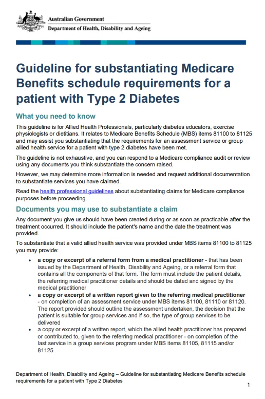 Cover page for the Guideline for substantiating Medicare Benefits schedule requirements for a patient with Type 2 Diabetes