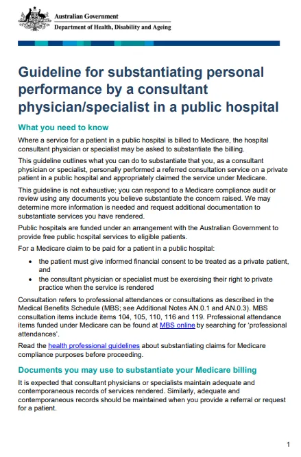 Cover page for the Guideline for substantiating personal performance by a consultant physician-specialist in a public hospital