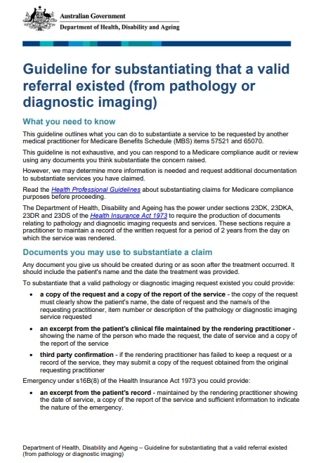 Cover page for the Guideline for substantiating that a valid referral existed (from pathology or diagnostic imaging).
