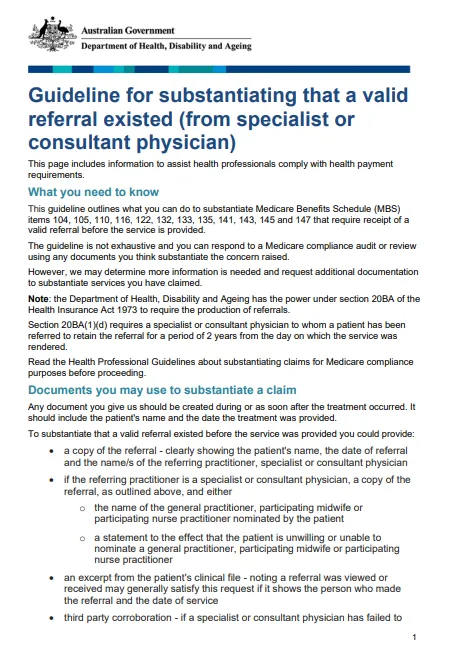 Cover page for the Guideline for substantiating that a valid referral existed (from specialist or consultant physician)