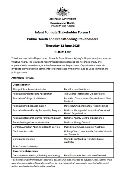 Cover page for the Infant Formula Stakeholder Forum 1
