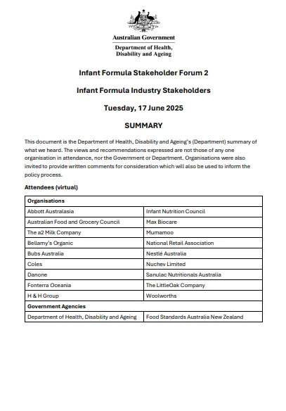 Cover page for the Infant Formula Stakeholder Forum 2