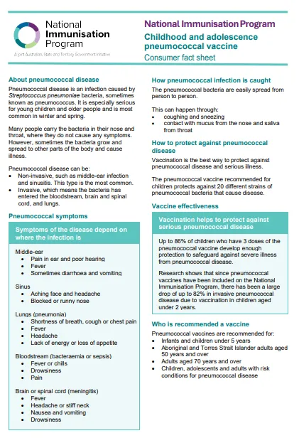 Childhood and adolescence pneumococcal vaccine consumer fact sheet cover page