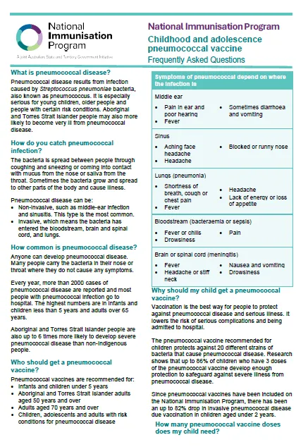 NIP childhood and adolescence pneumococcal vaccine Frequently Asked Questions cover page
