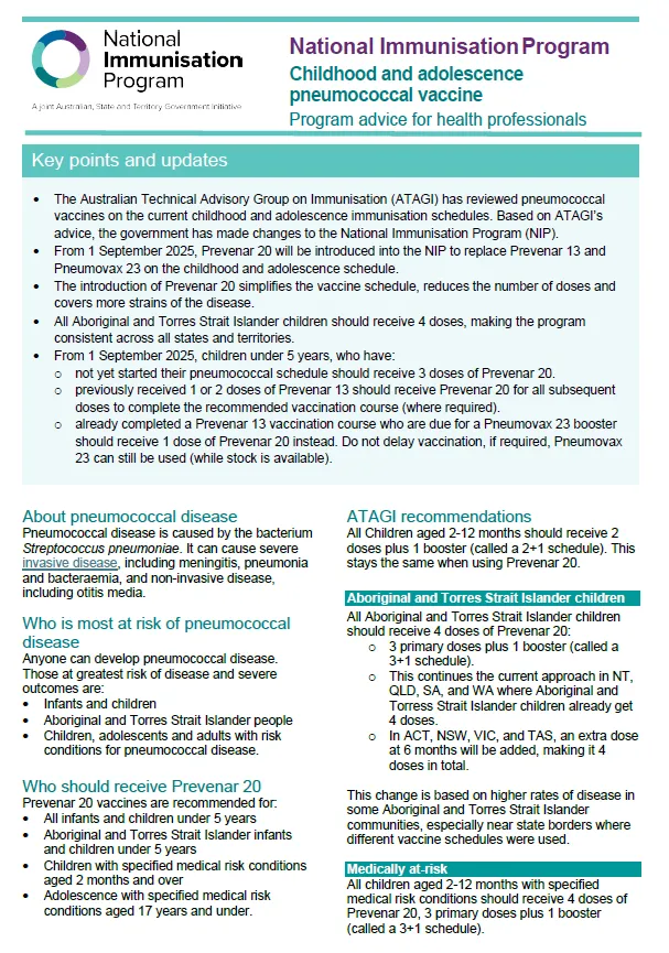 NIP childhood and adolescence pneumococcal vaccine provider advice for health professionals cover page