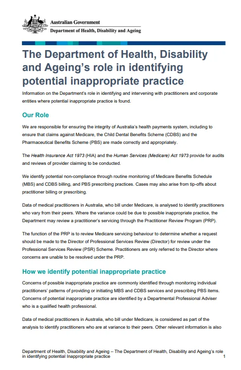 Cover page for the Our role in identifying potential inappropriate practice fact sheet