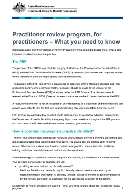 Cover page for Practitioner Review Program, for practitioners – What you need to know fact sheet