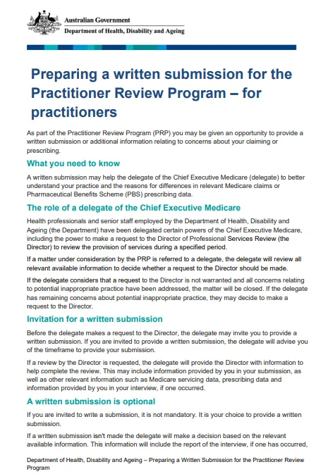 Cover page for the Preparing a written submission for the Practitioner Review Program – for practitioners