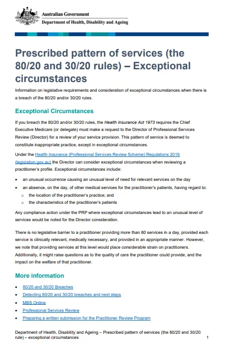 Cover page for the Prescribed pattern of services – Exceptional circumstances