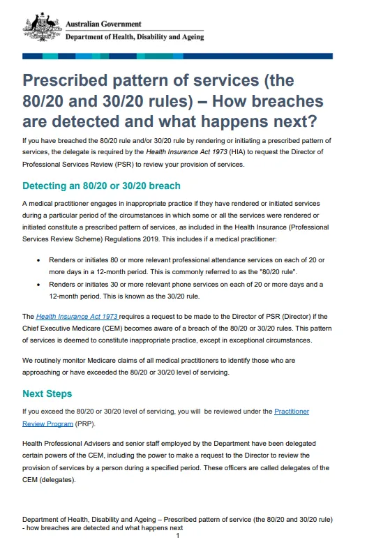 Cover page for the Prescribed pattern of services 80-20 and 30-20 rule