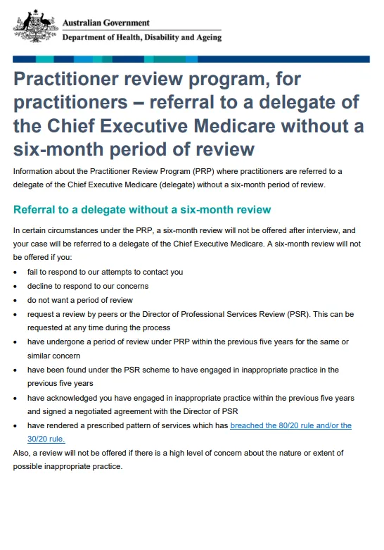 Cover page for the PRP for practitioners – Referral to the delegate without a 6-month review