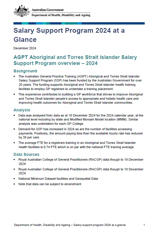 Cover page for the AGPT Aboriginal and Torres Strait Islander Salary Support Program for 2024